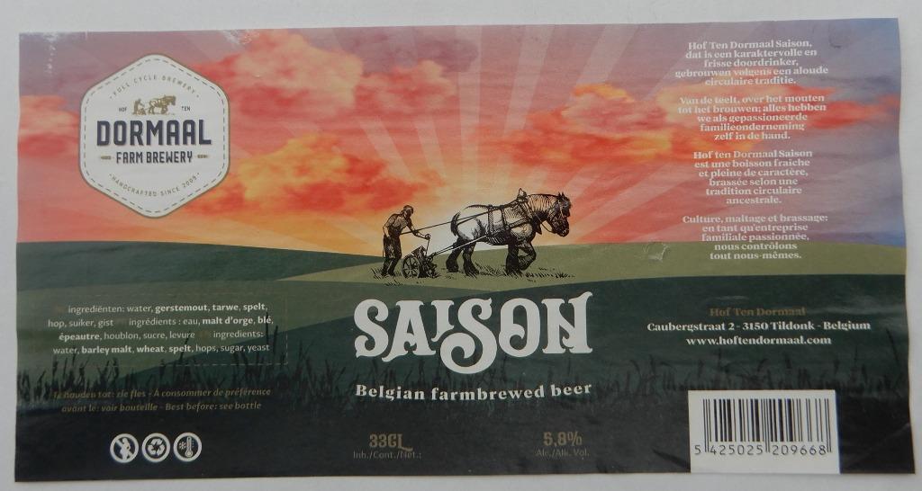 Bieretiket Saison Brouwerij Hof Ten Dormaal (10c9), Verzenden, Gebruikt