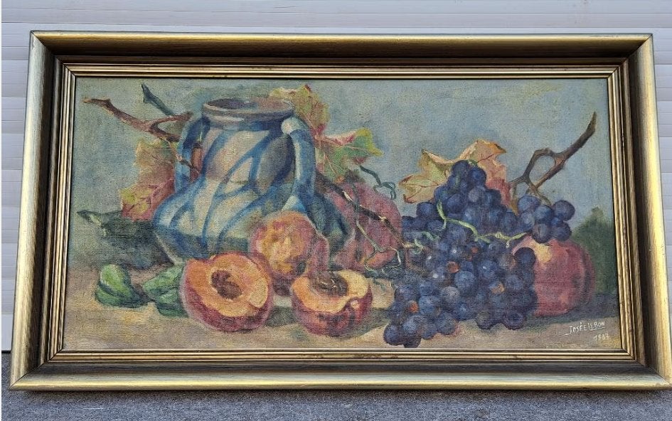 Huile sur toile nature morte signe josee lebon, Antiquités & Art, Enlèvement ou Envoi, Nature morte, Toile