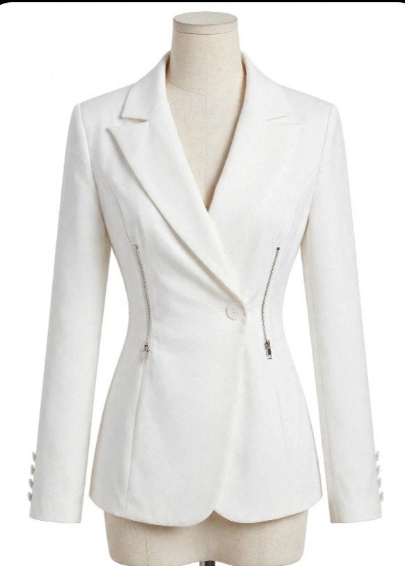 Blazer blanc cintré Shein T.L / 40-42 - Zips argentés - Neuf, Enlèvement, Blanc