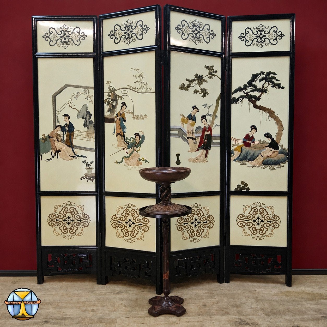 Vintage Chinees dubbelzijdig kamerscherm dames in landschap, Ophalen of Verzenden