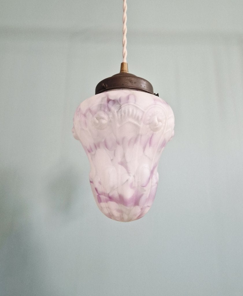 Art Deco hanglamp in wit en paars gespikkeld glas, 1920, Ophalen of Verzenden