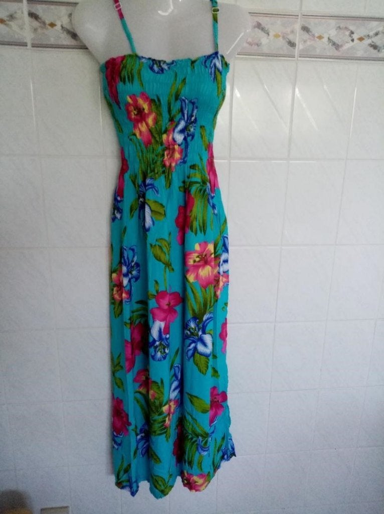 fleurige afslankende turquoise lange zomerjurk jurk , S, Blauw, Ophalen of Verzenden, Zo goed als nieuw, Maat 36 (S)