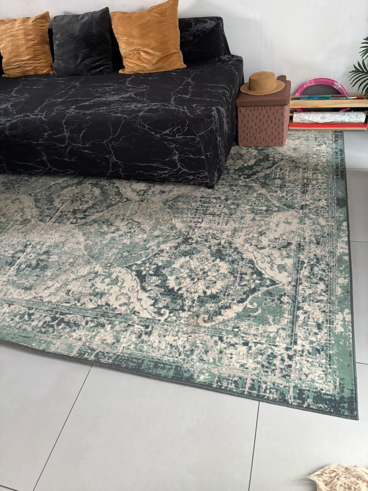 Groot vintage vloerkleed / tapijt (200x300 cm - groen/beige), Ophalen, Gebruikt, Beige, 150 tot 200 cm