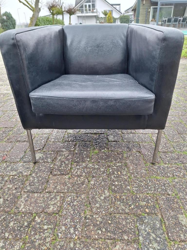 Mooie zwart leren stoel / zwarte fauteuil in leer, Ophalen of Verzenden, Gebruikt, Zwart, Overige typen