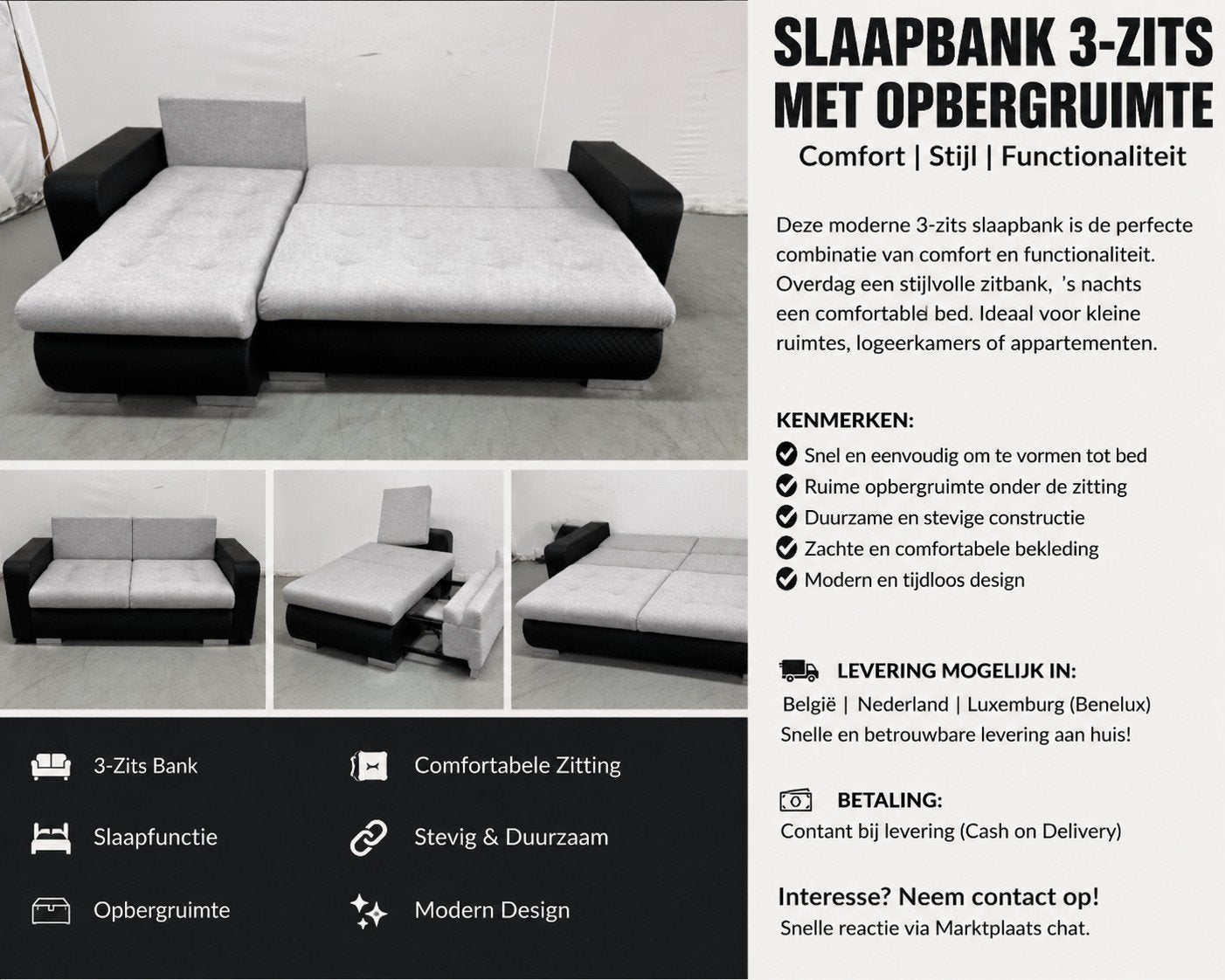 Gloednieuwe 3-zits slaapbank³, Antiek en Kunst, Antiek | Meubels | Stoelen en Sofa's, Ophalen of Verzenden