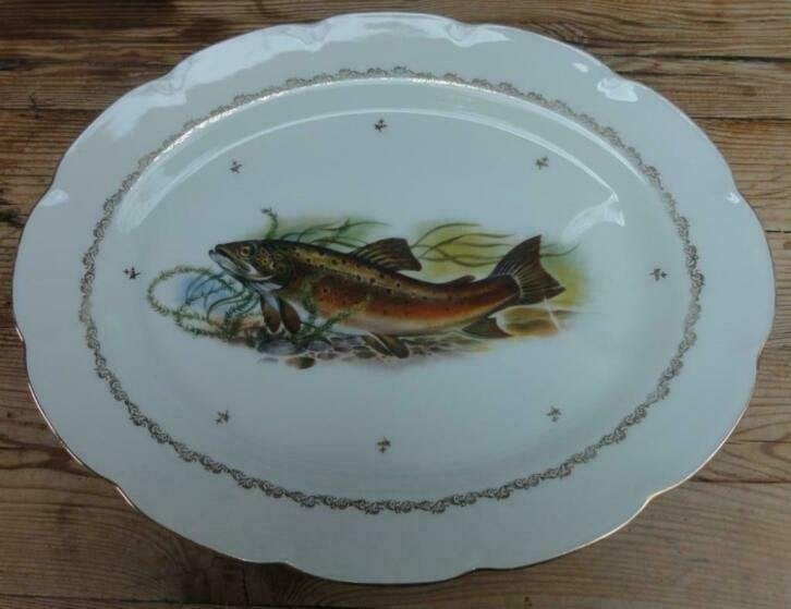 Zeer grote Franse ovale visschaal, forel, Limoges, porselein, Antiquités & Art, Antiquités | Services (vaisselle) pièces, Enlèvement ou Envoi