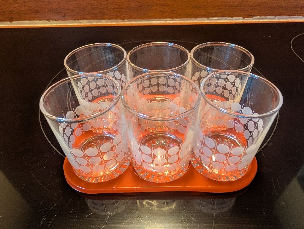 Vintage Vera-Glas Shotglaasjes Set met Oranje Rekje, Ophalen of Verzenden, Glas, Vintage, Glas of Glazen