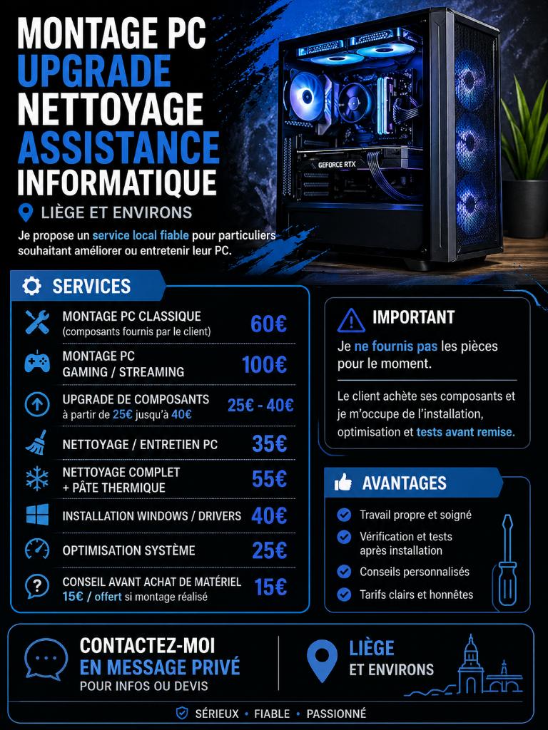 Montage PC / Upgrade / Nettoyage / Ass. Informatique – Liège, Informatique & Logiciels, Ordinateurs & Logiciels Autre, Enlèvement