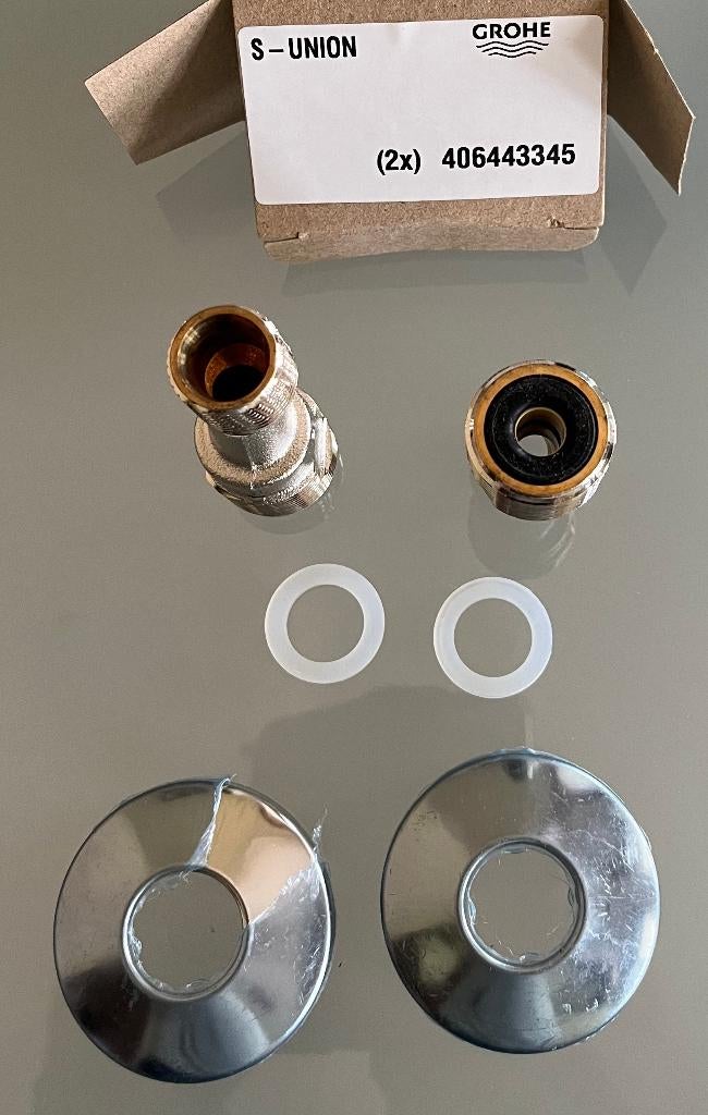 GROHE set koppelstukken met dichtingen & afdekplaatjes, Ophalen, Nieuw, Inox, Douche