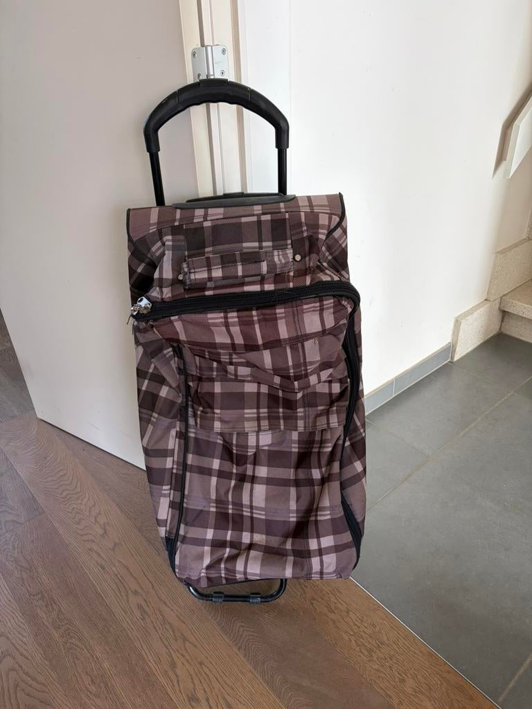 Valise à roulettes à carreaux, cabine softshell, Enlèvement, Comme neuf, Brun