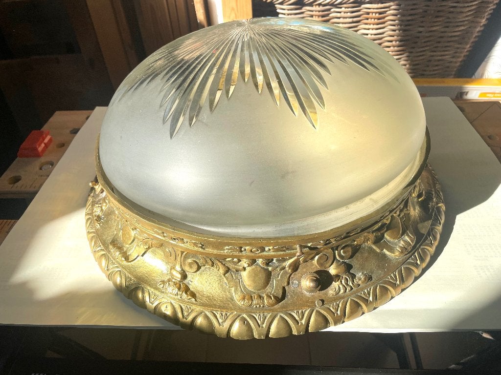 Plafonnier Ancien en Ciselé Cristal & Bronze Style Art Déco, Verre, Art déco, Enlèvement, 44 cm