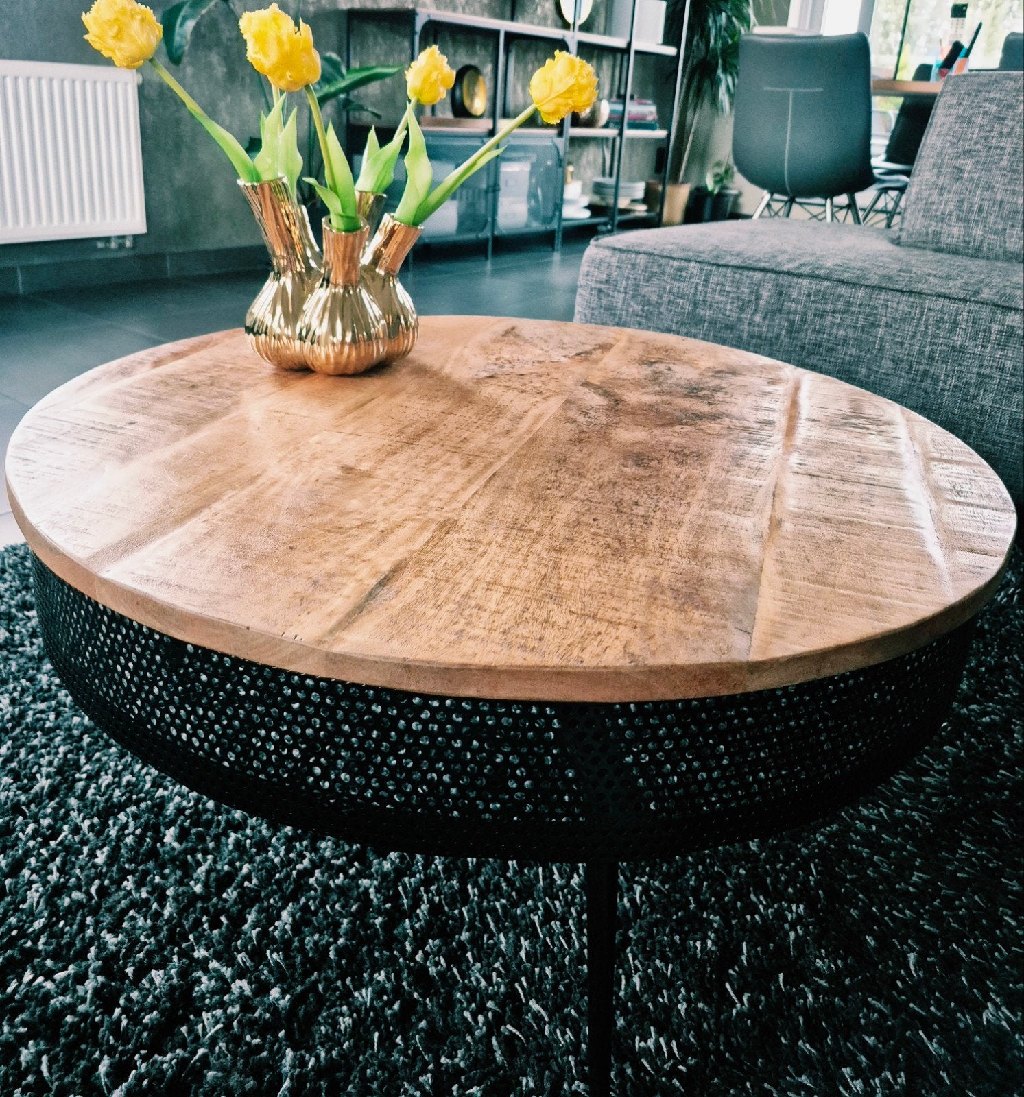 salontafel mangohout & zwart metaal – Ø80 cm, Maison & Meubles, Tables | Tables de salon, Rond, Comme neuf, Enlèvement, 50 à 100 cm