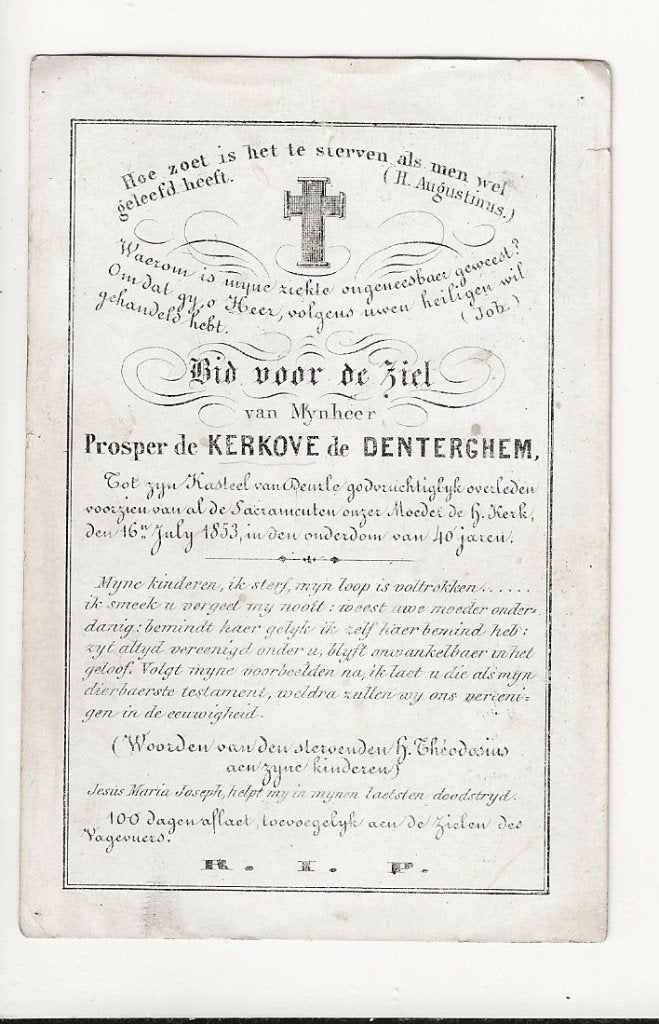 doodsprentje adel 1854 de kerkhove de denterghem porcelein, Ophalen of Verzenden, Bidprentje