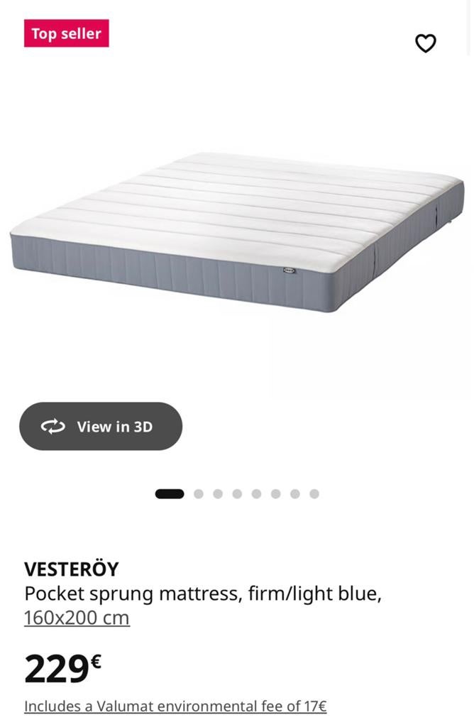 VESTERÖY Pocket sprung mattress, firm/light blue, 160x200 cm, Huis en Inrichting, Slaapkamer | Matrassen en Bedbodems, Ophalen of Verzenden