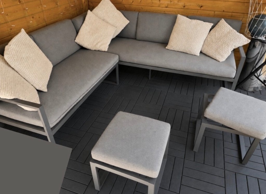Loungeset met loungekrukken, Jardin & Terrasse, Ensembles de jardin, Comme neuf, Sets de jardin, Aluminium, 6 places, Banque, Enlèvement