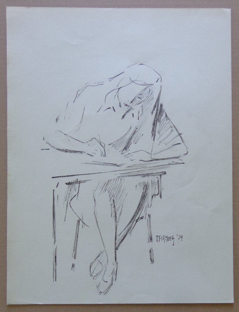 JAN FLAMENG / STUDENTE AAN HET WERK / ORIGINEEL WERK 39x30cm, Enlèvement ou Envoi