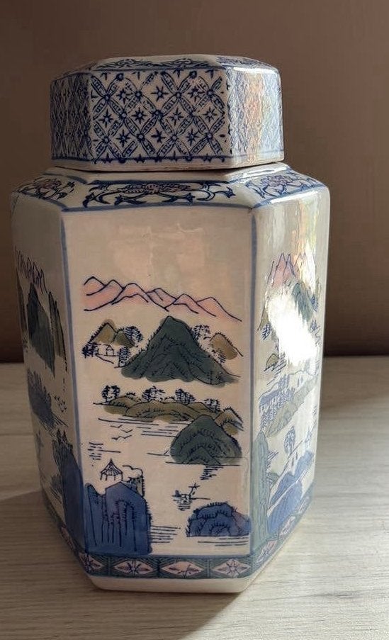 Grote Vintage Chinese Zeshoekige Gemberpot / Theebus – 28 cm, Antiek en Kunst, Ophalen of Verzenden