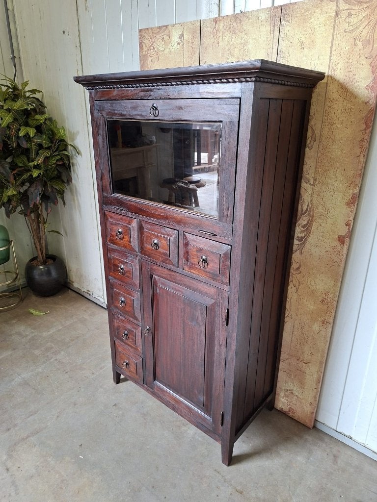 Vitrine coloniale en teck, commode, vaisselier, Enlèvement ou Envoi, Comme neuf, Teck, 150 à 200 cm
