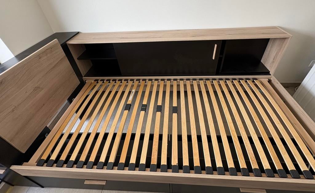 Bed Life 90x200cm kronberg eik & zwart met opbergruimte, Ophalen, Gebruikt, Eenpersoons, Zwart