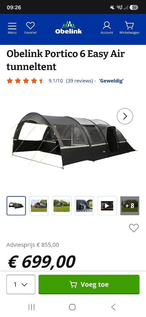 Obelink Portico 6 Easy Air tunneltent, Enlèvement, Utilisé, Jusqu'à 6