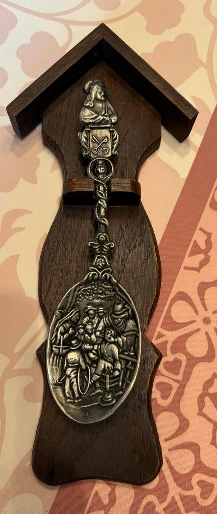 Vintage wandhanger + zware tinnen sierlepel – Alpen tafereel, Enlèvement ou Envoi