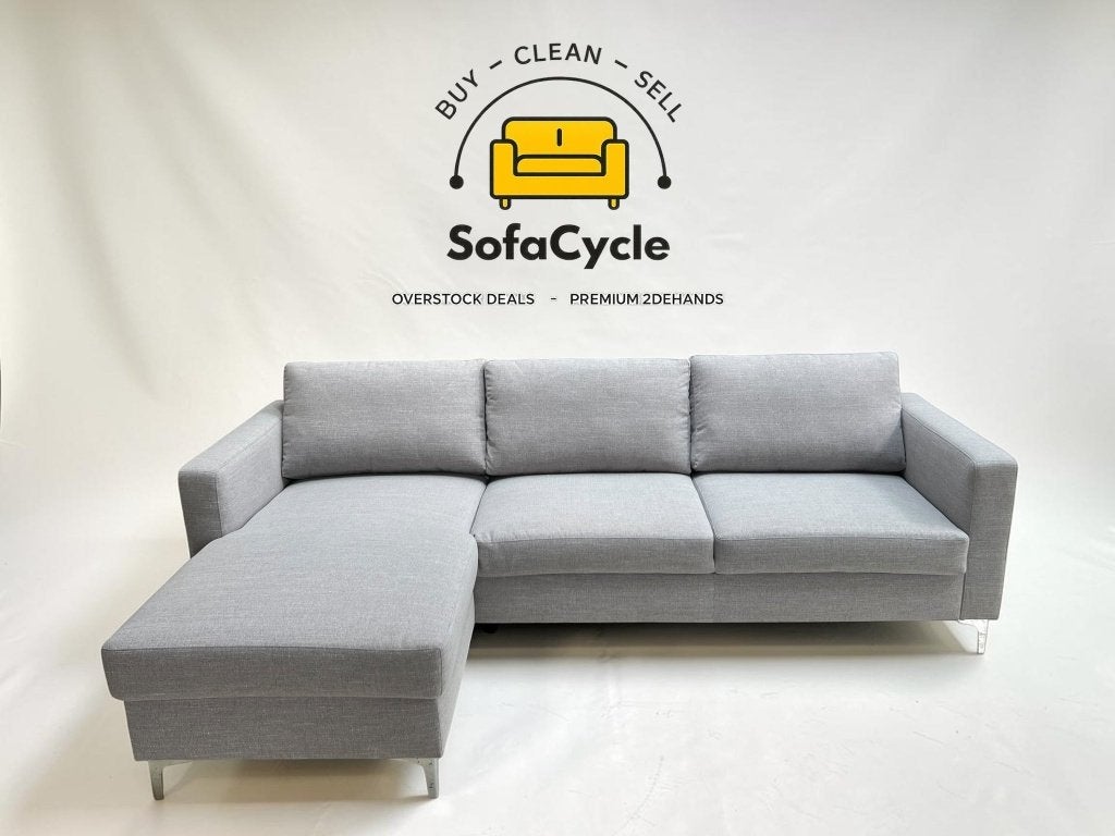 Hoekzetel lichtgrijs 250 cm, zwarte poten, links – nieuw, Gebruikt, Stof, Zonnestraat 223-229, 9600 Ronse, België, Info@sofacycle.be