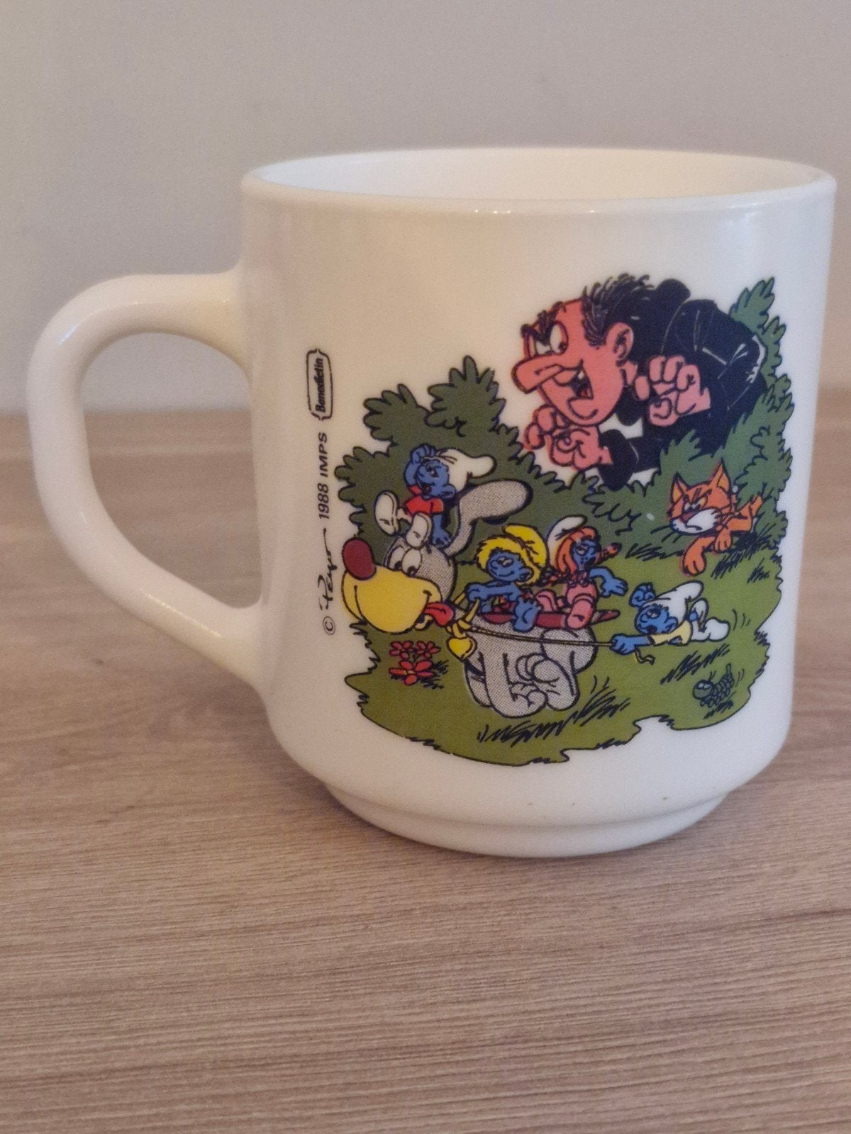 Smurfen tas , mok , Benedictine 1988 reclame Peyo, Ophalen of Verzenden, Zo goed als nieuw, Overige Smurfen, Gebruiksvoorwerp