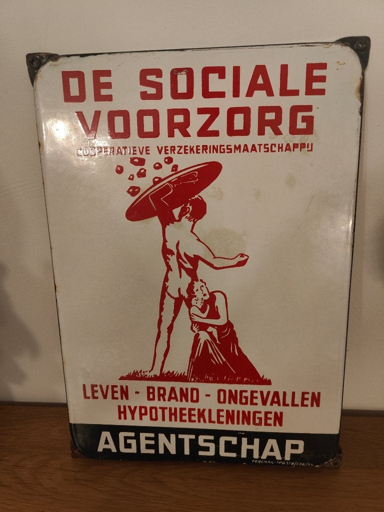 Emaille bord Sociale Voorzorg 1954, Antiek en Kunst, Ophalen of Verzenden