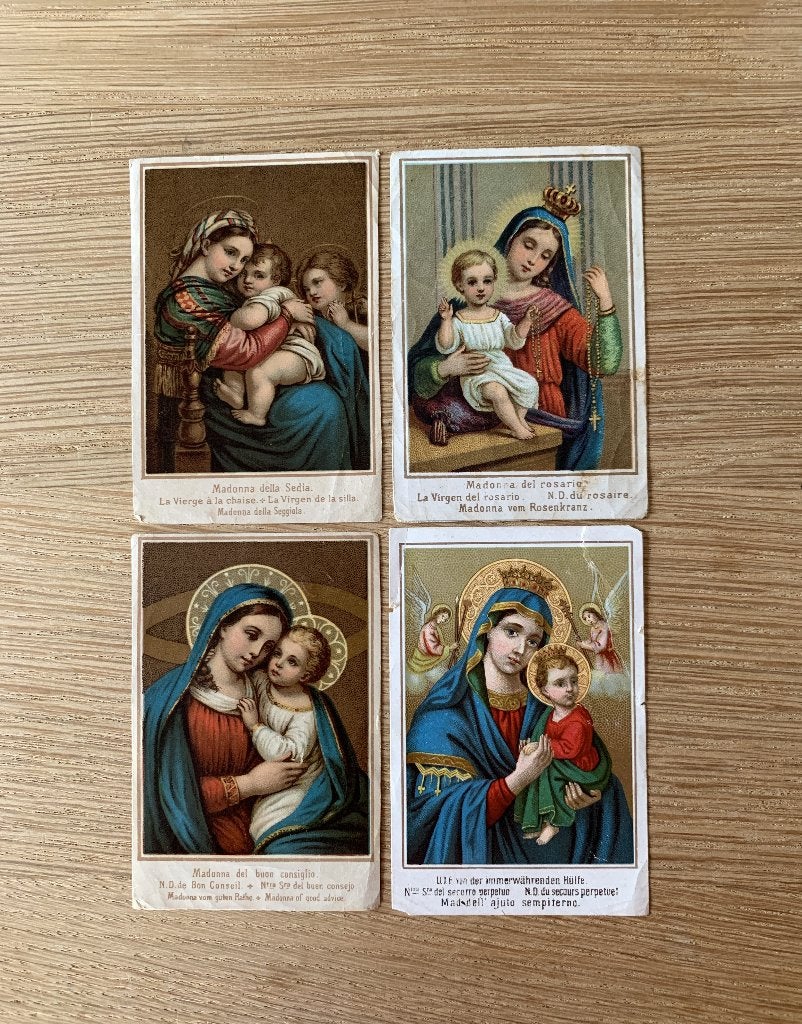 4 antieke Chromolitho's Madonna - O.L.Vrouw, Collections, Enlèvement ou Envoi, Utilisé, Carte ou Gravure, Christianisme | Catholique