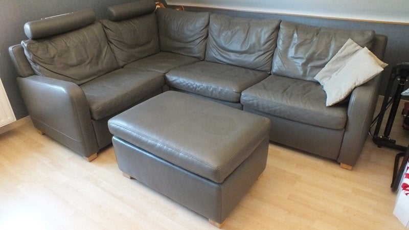 Bruine lederen hoeksalon & bijhorende salontafel, Ophalen, Zo goed als nieuw, Leer, Passend bij alle stijlen