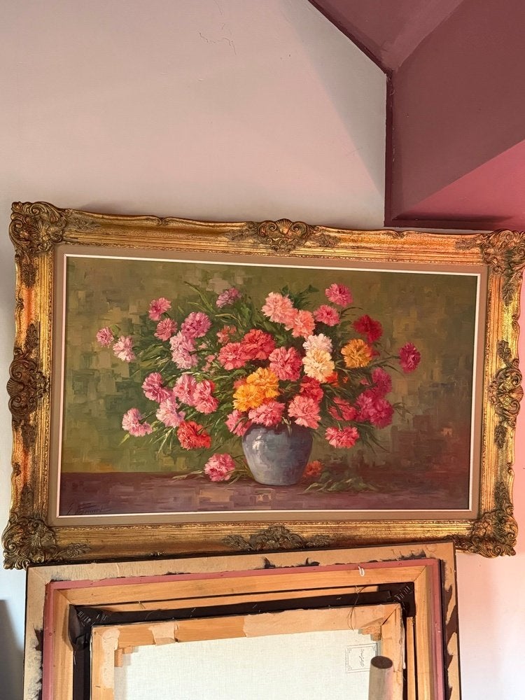 Groot Olieverfschilderij Stilleven Bloemen 'G. Everaert', Doek, Gesigneerd, Olieverf, Klassiek