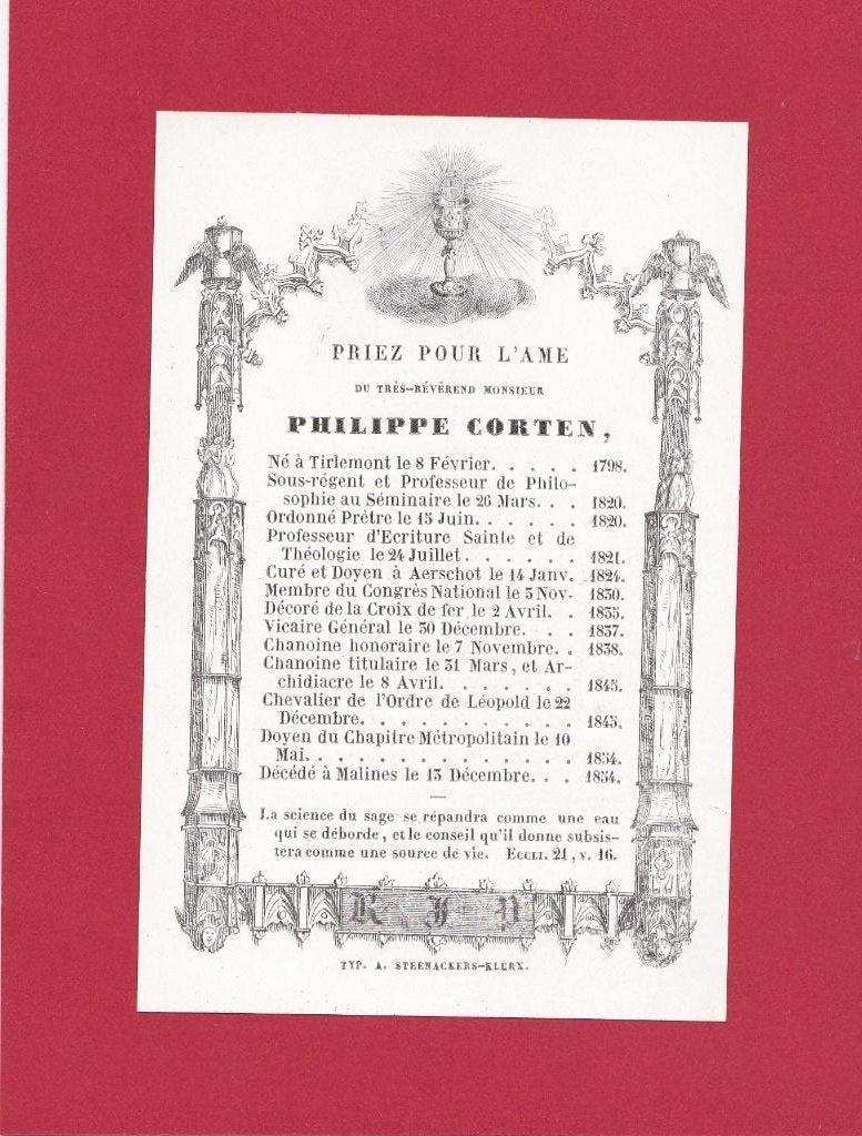 DP Priester Philippe Corten Lid Nationaal Congres 1830, Verzamelen, Verzenden, Bidprentje