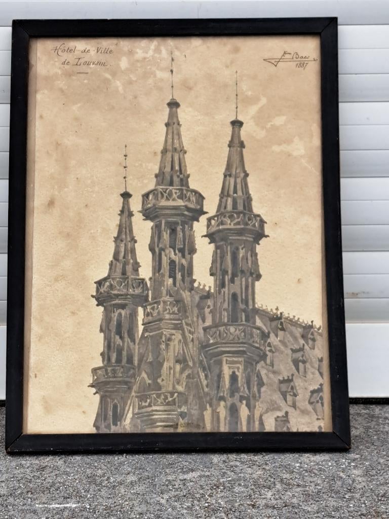 aquarelle hotel de ville de louvain signe firmin baes, Enlèvement ou Envoi