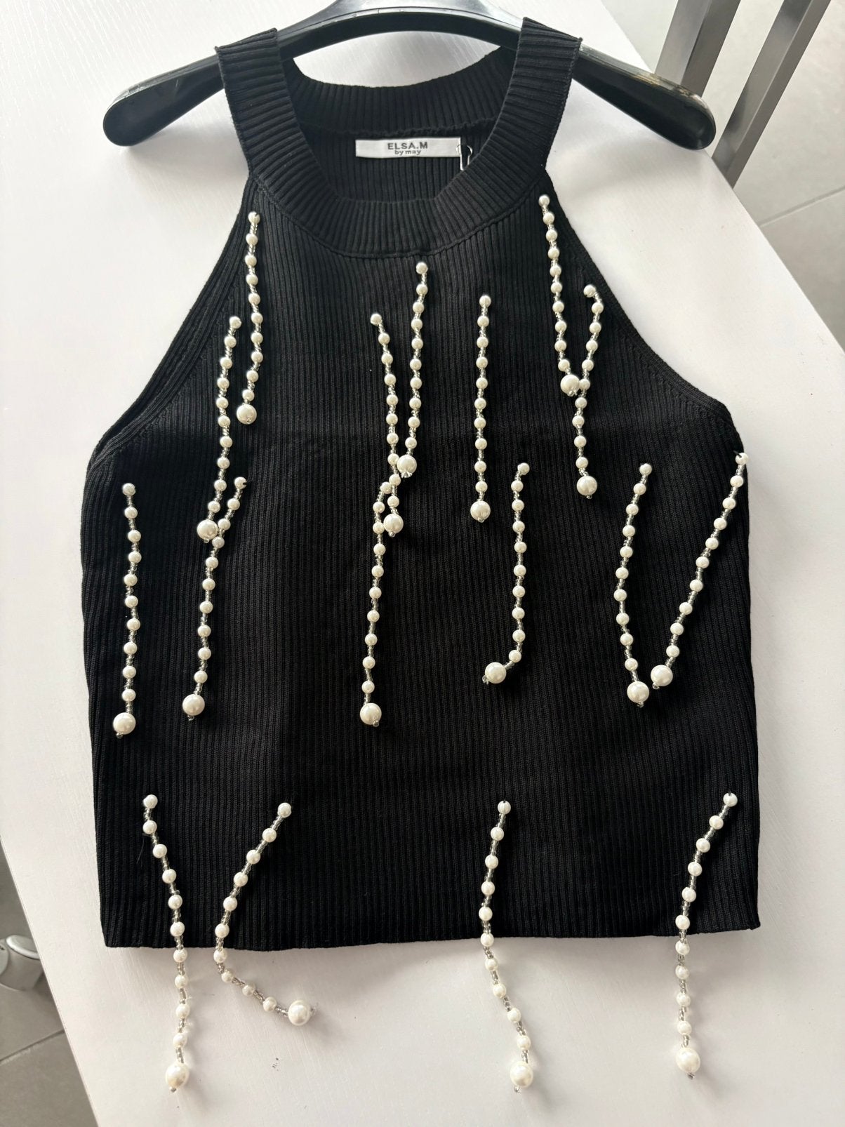 Mooie zwarte damesblouse met witte parels unieke T, Ophalen of Verzenden, Nieuw, Zwart