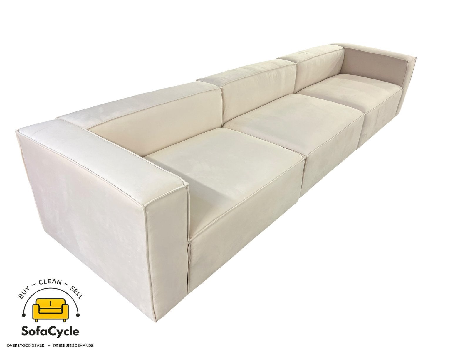 4 places beige en velours, modulable — Overstock/Sofacycle, Enlèvement ou Envoi, Comme neuf, SofaCycle, Info@sofacycle.be