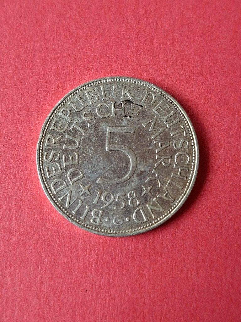 1958 G Allemagne 5 marks en argent Karlsruhe, rare, Envoi, Allemagne, Monnaie en vrac, Argent