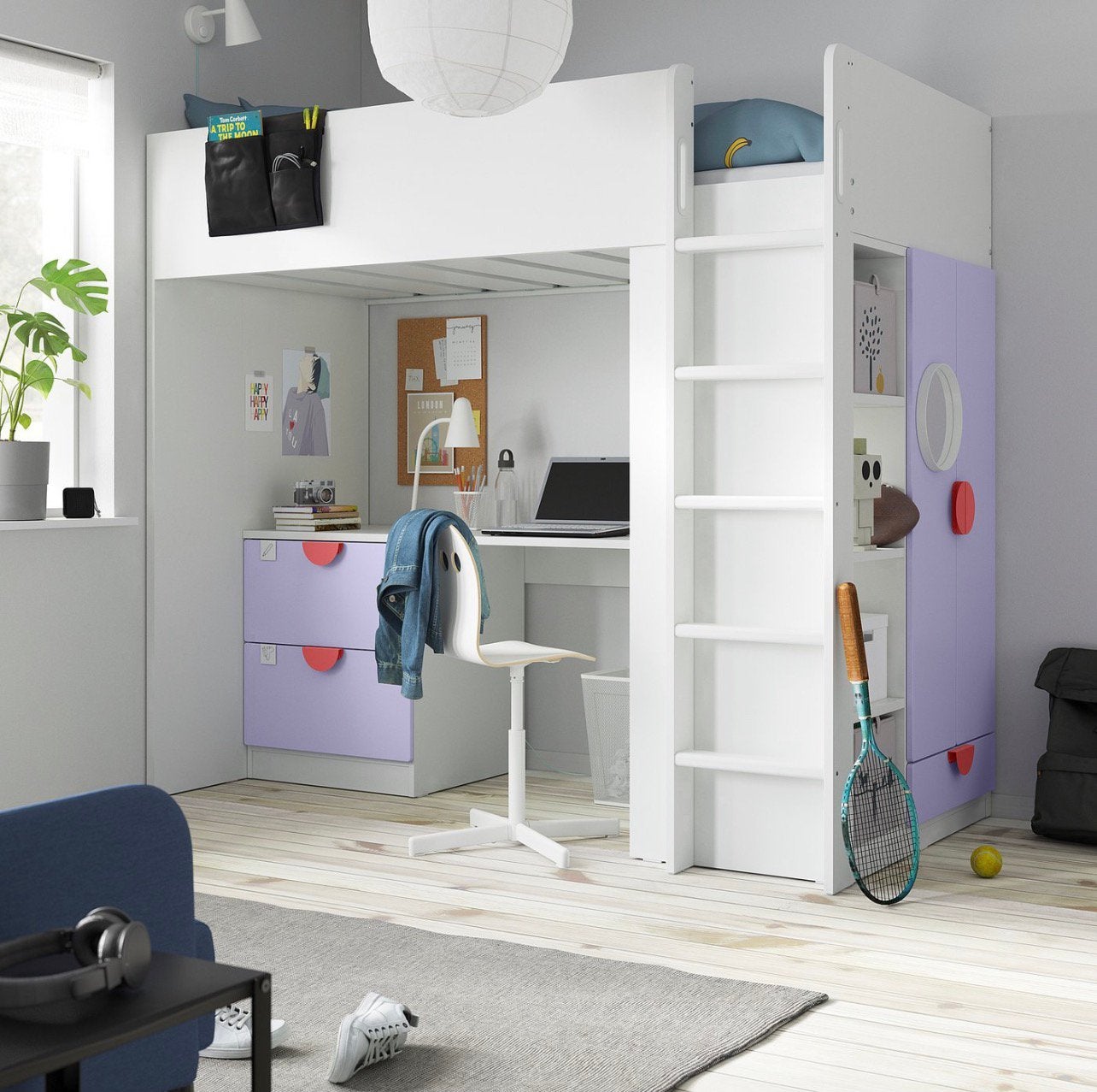 Bed te koop grijs SMASTAD hoogslaper met 3 lades, Ophalen, Zo goed als nieuw, Hoogslaper