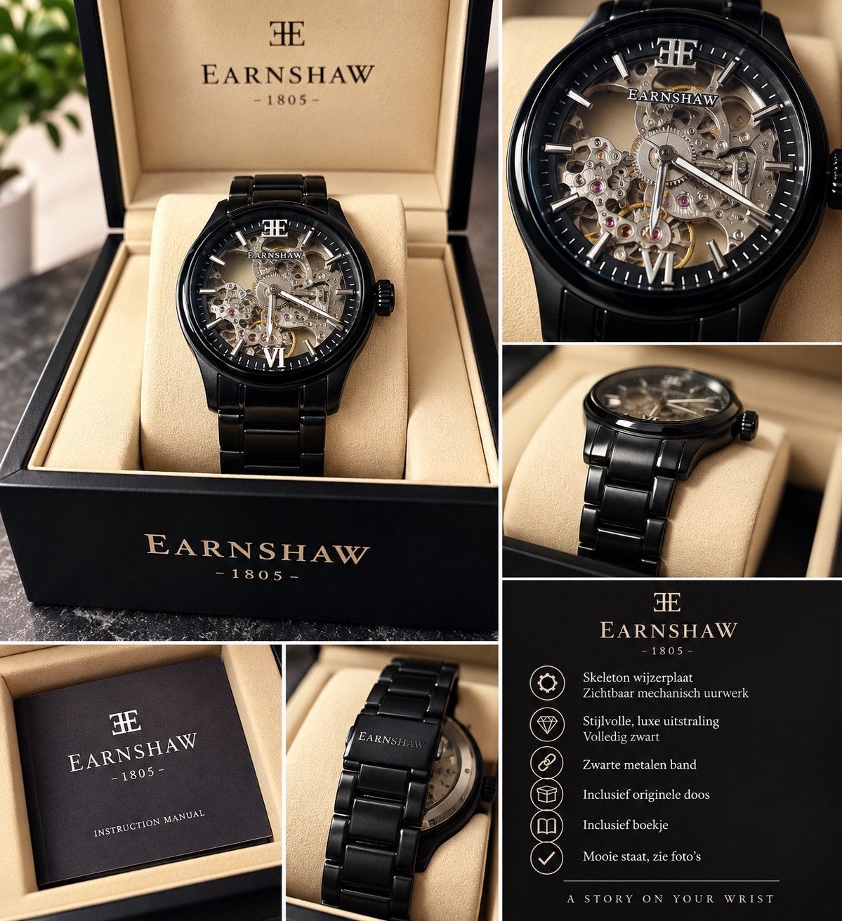Earnshaw 1805 Skeleton Horloge – Volledig Zwart, Handtassen en Accessoires, Ophalen, Zo goed als nieuw