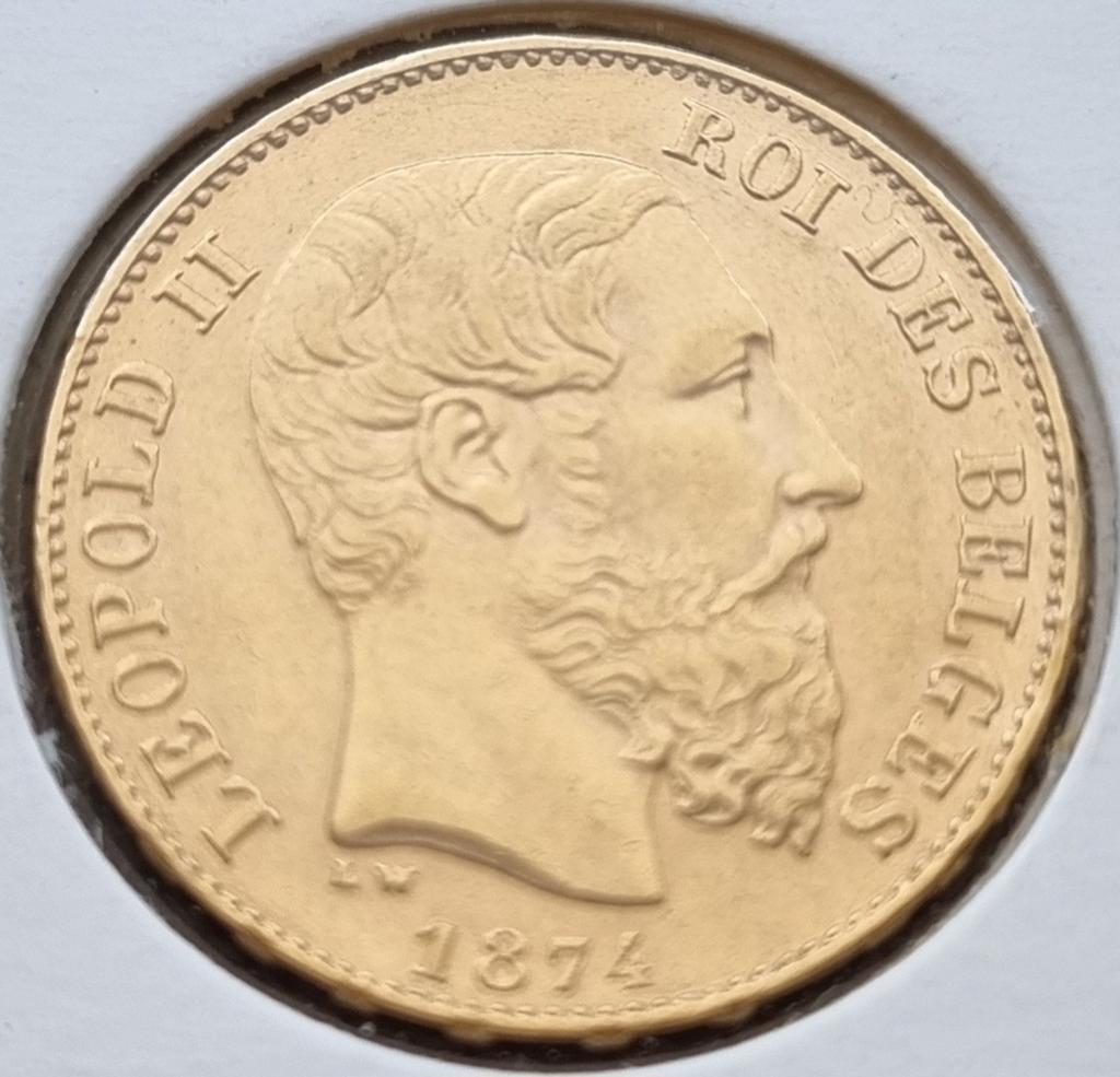 Gouden 20 Francs 1874 Leopold II, Losse munt, Goud, Goud, Ophalen of Verzenden