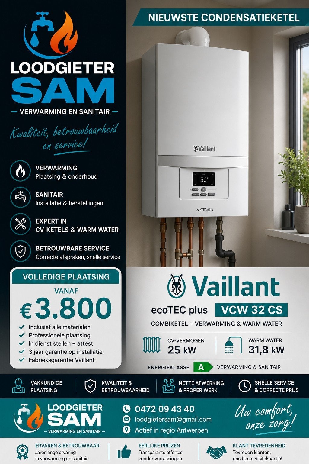 vaillant ecotec plus VCW 32 CS geplaatst voor 3800., Ophalen, Aardgas, 100 liter of meer, Nieuw