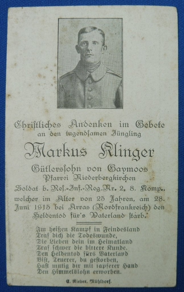 WO1 bidprent Duitse soldaat Klinger gesneuveld 1915 te Arras, Envoi, Armée de terre, Autres types