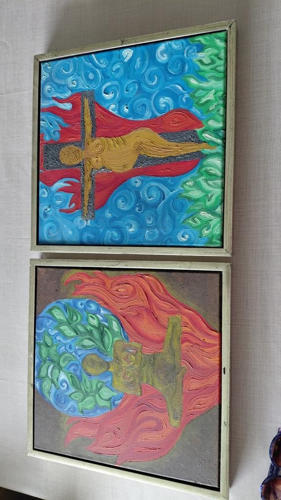 Set v. 2 Unieke Spirituele Schilderijen,Kleurrijk&Expressief, Ophalen of Verzenden