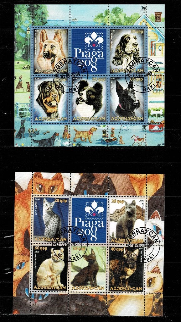 ASIE AZERBAÏDJAN CHIENS/CHATS 2 BLOCS X 6 TIMBRES OBLITERES, Timbres & Monnaies, Enlèvement, Affranchi