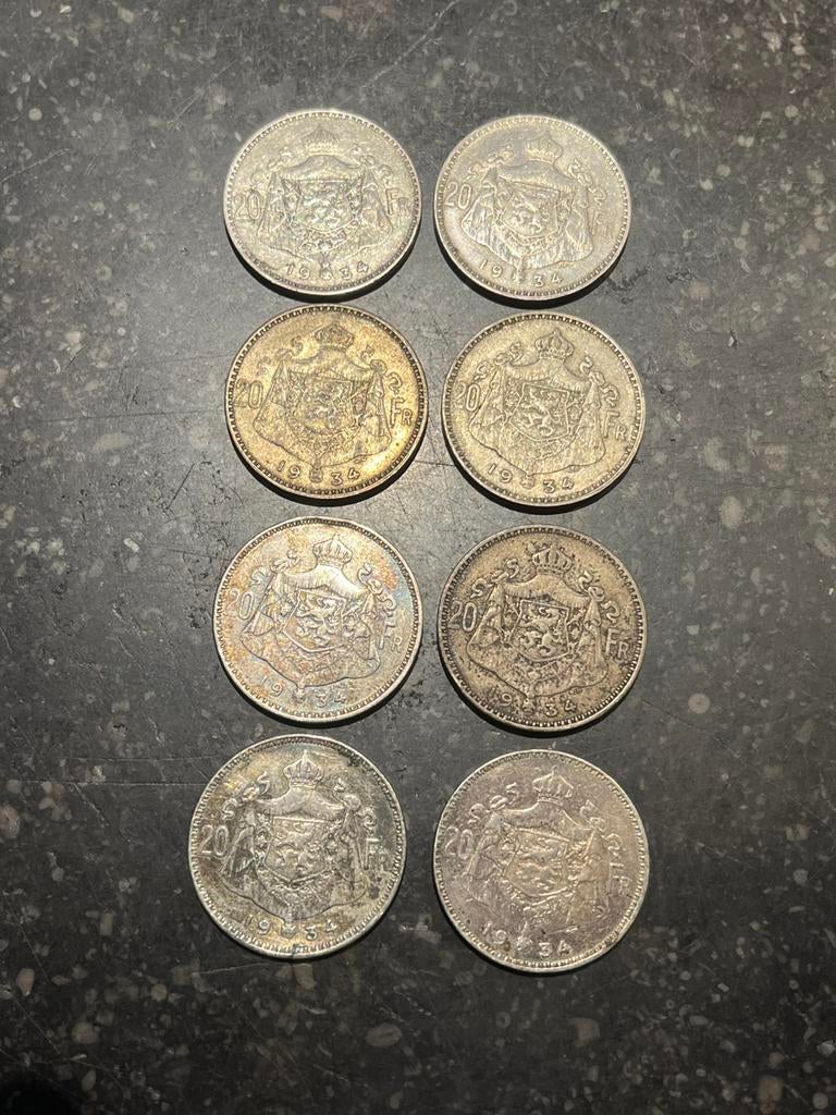 8 pieces argent 20 francs belge albert 1er, Ophalen of Verzenden, Zilver