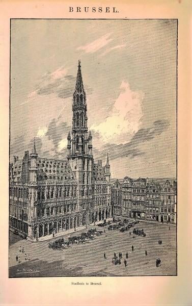 Antieke prent - Stadhuis te Brussel (België), Avant 1940, Gravure, Comme neuf, Enlèvement