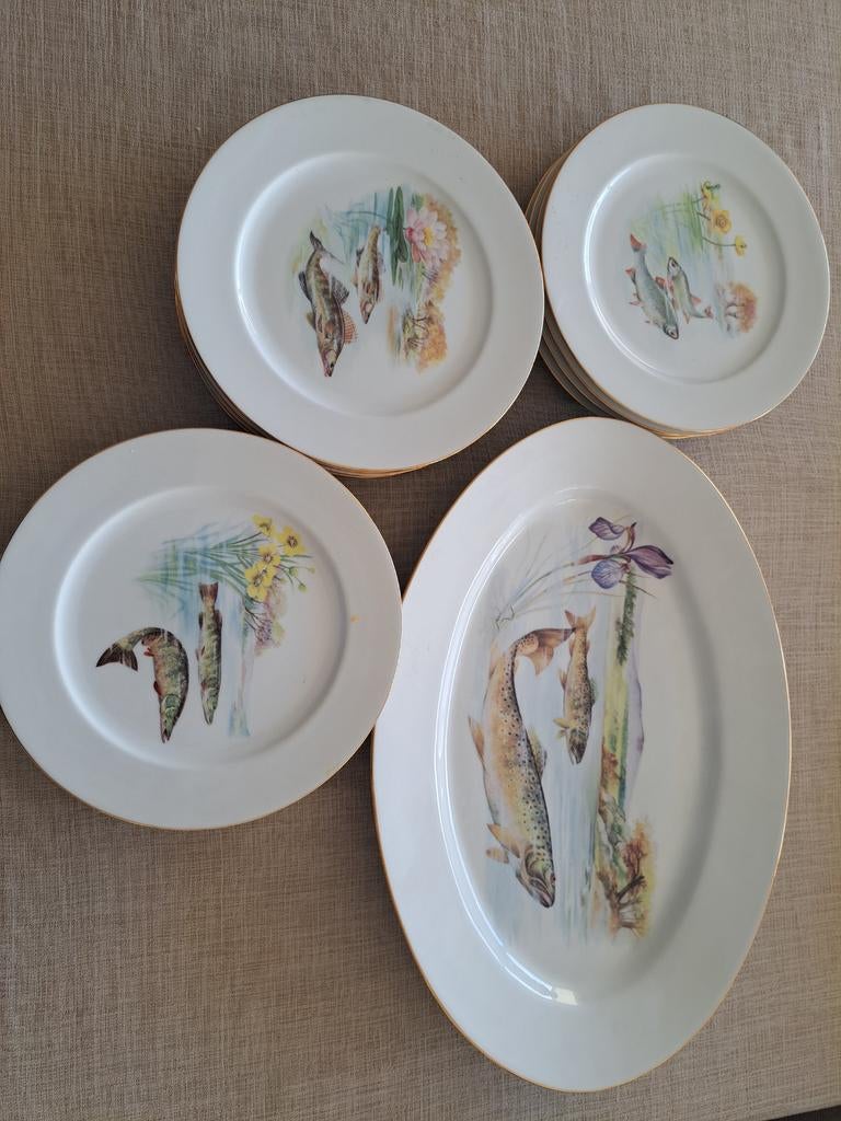 Vis servies Limoges porselein, Antiek en Kunst, Ophalen