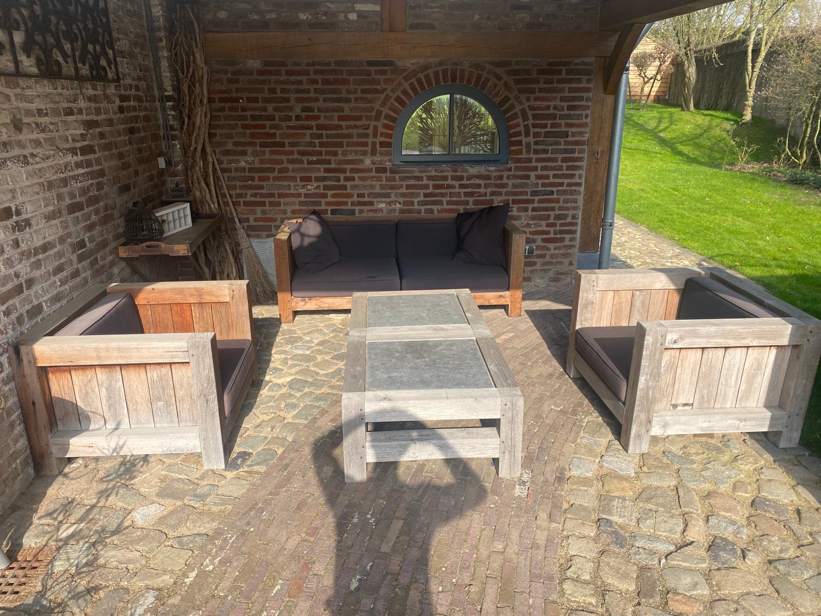 Teakhouten loungeset 10x10cm massief hout invl kussens, Ophalen, 5 zitplaatsen, Gebruikt, Teakhout