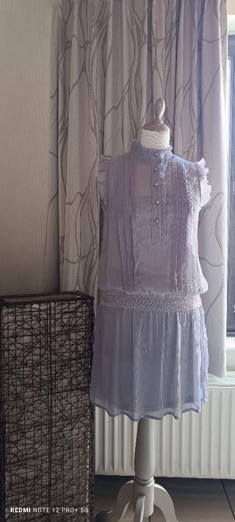 Jurk met grijze overschoen, T.S-M. Montan. 👗, Kleding | Dames, Jurken, Zo goed als nieuw, Maat 38/40 (M), Grijs, Onder de knie