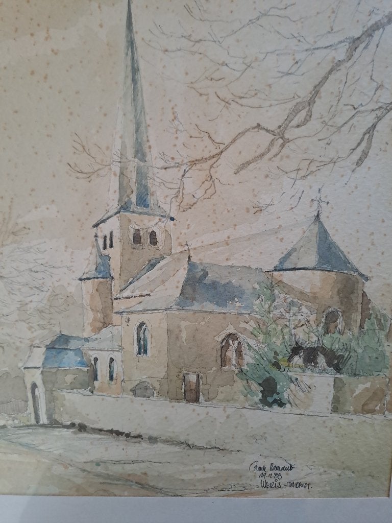 Waterverf schilderij van dorpskern Weris nabij Durbuy, Antiek en Kunst, Ophalen
