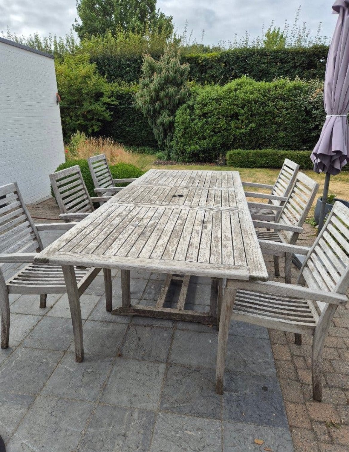 Tuinset met uitschuifbare tafel en 6 stoelen in teakhout., Ophalen, Gebruikt, 6 zitplaatsen, Teakhout